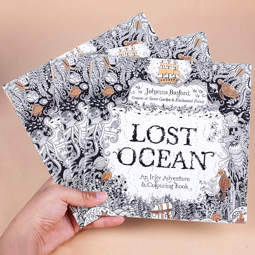 1 Pza niños adultos edición en inglés Lost Ocean Inky Coloring Book Kill Time pintando libros de dibujo 24 páginas regalos de papelería