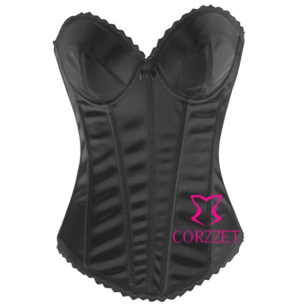 Latex Hooks And Eyes Back Closure Black Solid Overbust Sexy Corset Top