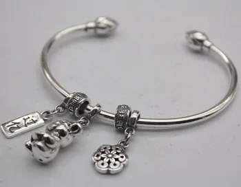 

Pure S925 Sterling Silver Bangle Pig Year Baby Flower Tassel For Women 55-64mm About 27g Fashion Bangle Hot sale