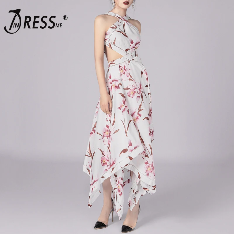 

INDRESSME 2019 New Vestido Women Sexy Halter Neck Backless Sleeveless Asymmetric Hollow Out Floral Print Party Club A-Line Dress