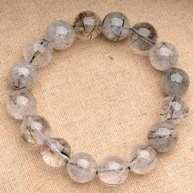 

JoursNeige Natural Fidelity Black Quartz Rutilated Bracelet 14mm Beads Crystal Bracelet for Men Women Jewelry Accessories