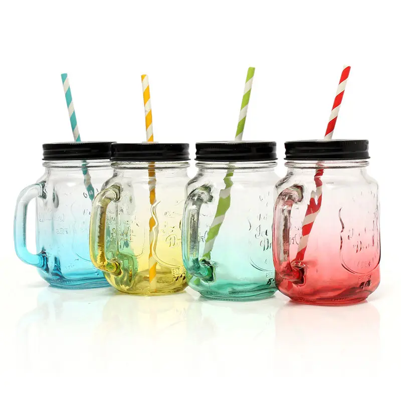 

500ML Vintage Durable Color Changing Glass Cup With Paper Straw Fruit Icecream Infusion Clear Gradients Personality 4 Style Jar