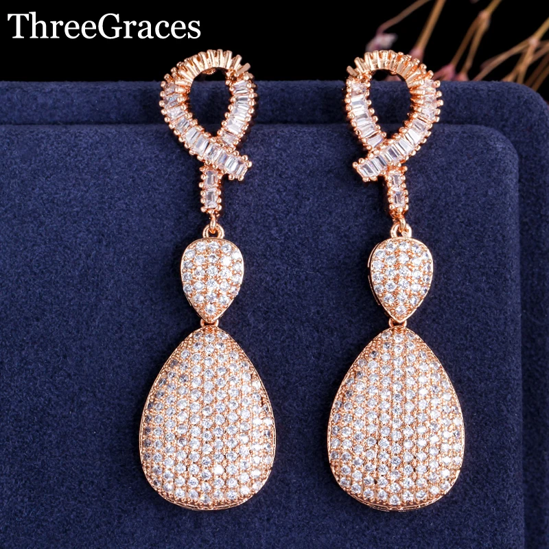 ThreeGraces Luxury African Yellow Gold Micro Pave Cubic Zirconia Sparkling Water Drop Long Earring Jewelry For Wedding ER092 | Украшения и