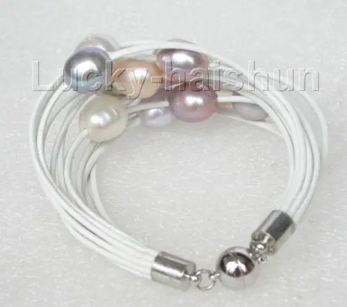 

FREE shipping>>>>MEW 7" 14row 14mm pink Gray purple pearls white leather bracelet j8816 6.05