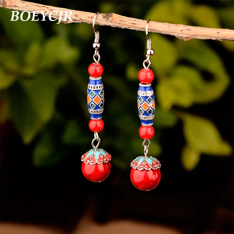 

BOEYCJR Ethnic Vintage Natural Stone Bead Enamel Bead Dangle Earrings Fashion Jewelry Drop Earrings For Women Gift 2019