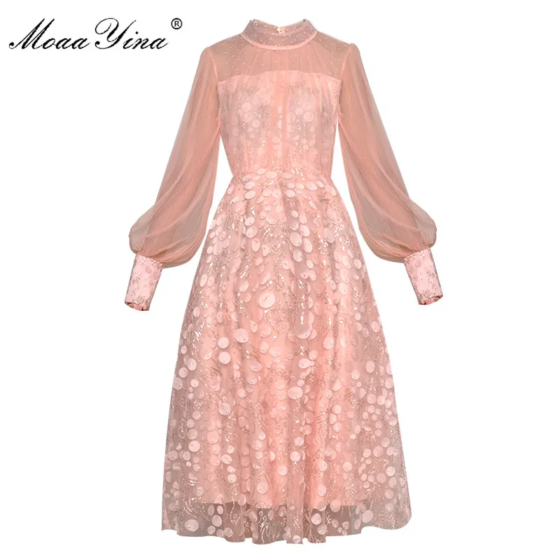 

MoaaYina Fashion Runway dress Summer Women Dress Mesh See through Lantern Sleeve embroidery Sequin Sexy Party Elegant Dresses