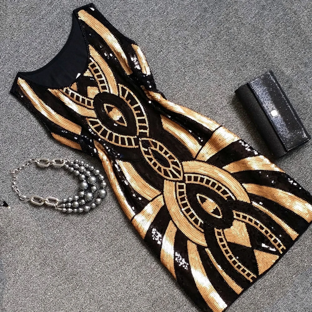 

1920s Flapper Vintage Dress Gatsby Party Dress Handmade Embellished Geometric Sequin Beaded Bodycon Dress