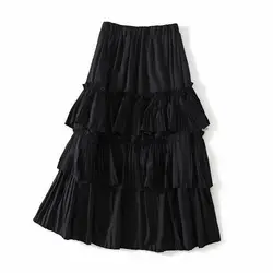2019 Весна новое поступление плиссированная юбка сладкая фея слой юбка тонкий сплошной длинные юбки для женщин 3 цвета доступны бесплатная
