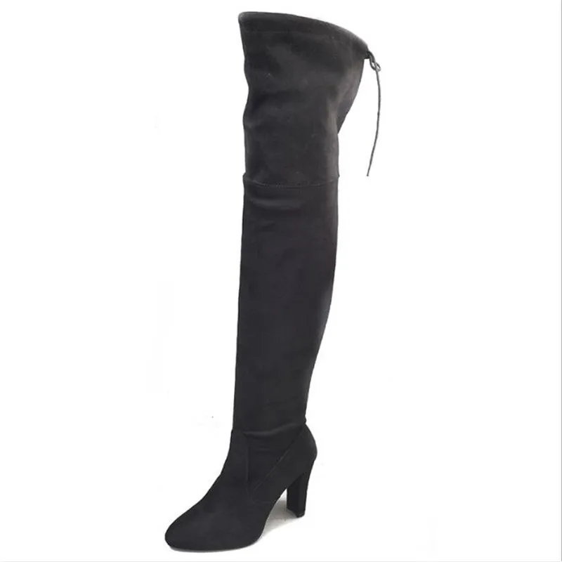 Женские Сапоги выше колена зимняя обувь без застежки Универсальные женские сапоги с острым носком на тонком высоком каблуке Размеры 35-43 - Цвет: Black