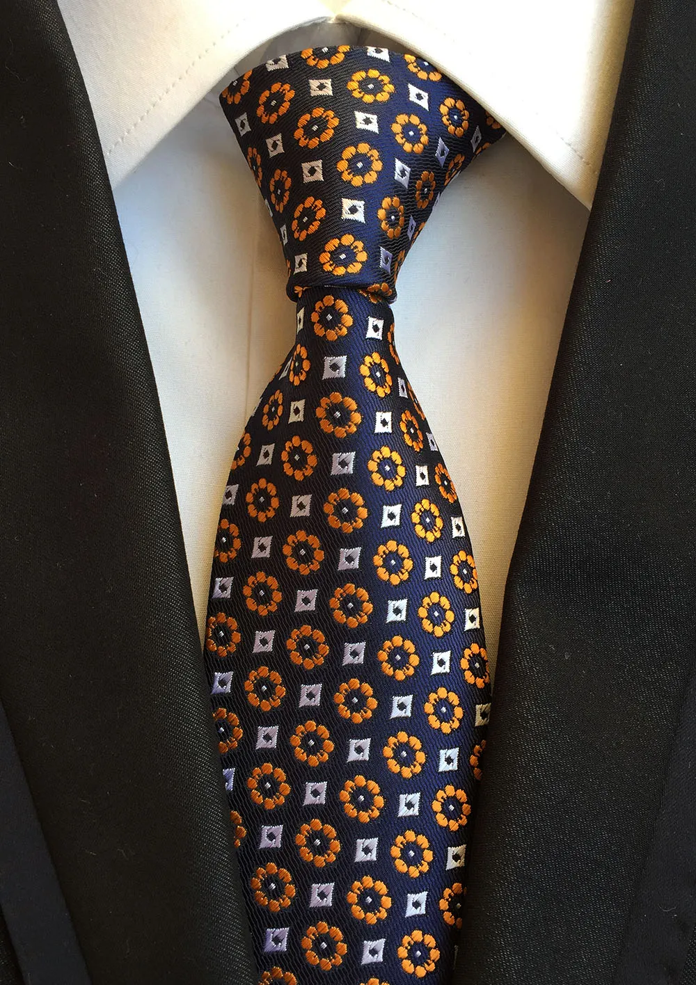 Unique Floral Tie for Men Woven Necktie Dark Blue with Golden Flower
