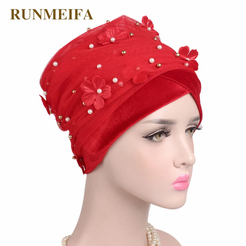 

RUNMEIFA New design Muslim Skullies & Beanies velvet scarf cap for ladies luxury brand Flower pearl head scarf African wrap hat