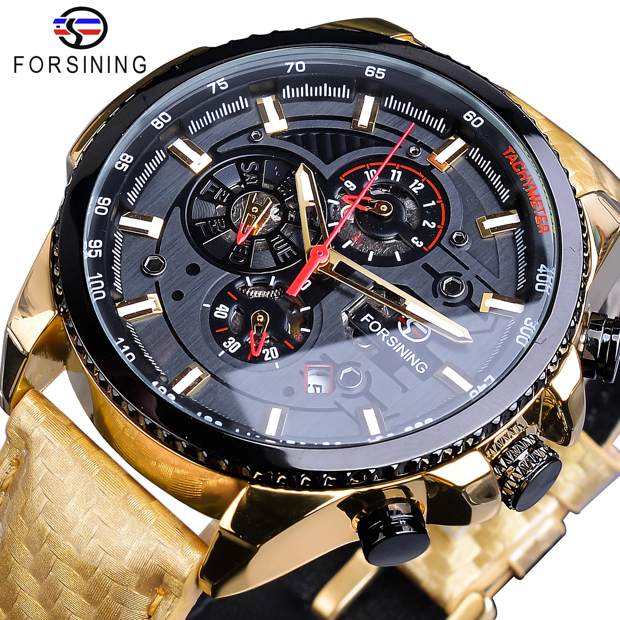 Forsining Automatic Self-Wind Movement Black Men Watch Golden Multifunction Date Polished Leather Fashion Mechanical Male Clock | Наручные