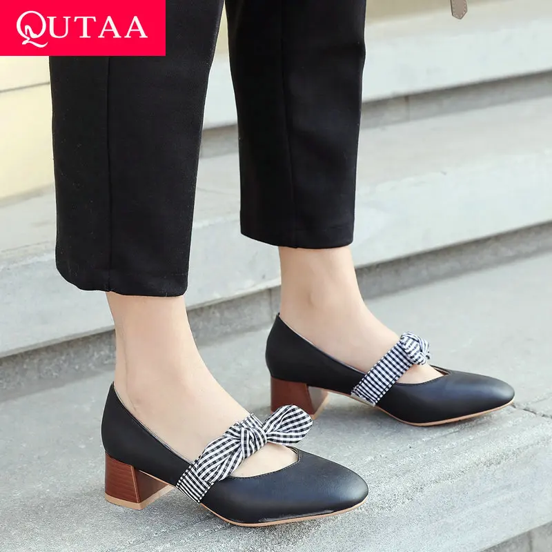 

QUTAA 2019 Women Shoes Platform All Match Pu Leather Women Pumps Shallow Spring/autumn Bow Tie Elegant Ladies Pumps Size 34-43