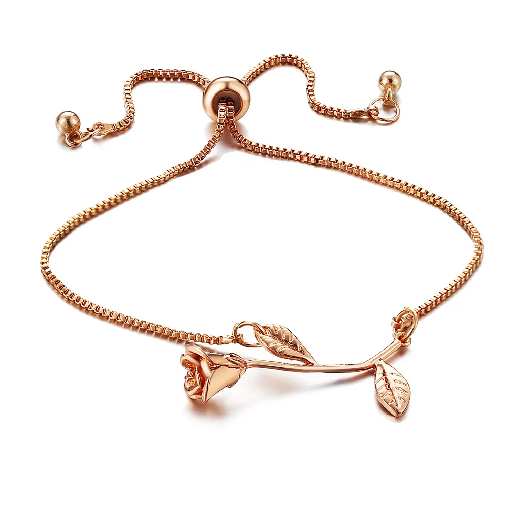DoreenBeads Alloy Rose Flower Bracelet Adjustable 24cm Long Rose Gold