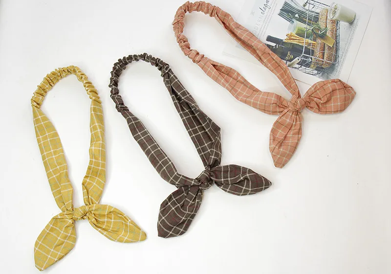 12Lovely Grid Rabbit Ears Hair Band for Girls Infant Hair Accessories Headwrap Make Up Sweet Little Girl's Bow Headband Turbans
