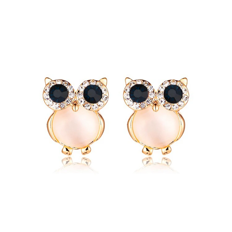 

New Design Cute Zinc Alloy Owl Earrings Pink Opal gold colorcrystal Stud Earrings For Women Fashion Brand Earring Jewelry