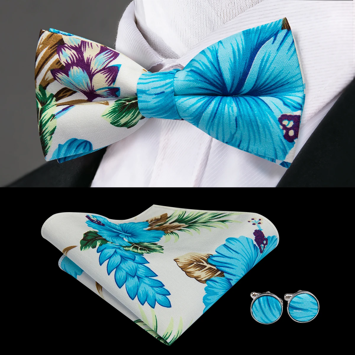 Hi-Tie Men Blue Floral Bowtie Cotton Bow Tie Print Formal Bowtie for Suit Tuxedo Handkerchief Cufflinks Wedding Wholesale LH-659