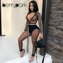 BerryPark Fishnet Mesh Jumpsuit 2019 Women Long Sleeve Hooded Romper Yoga Set font b Fitness b