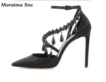 

Moraima Snc black crystal chain Decoration sexy women shoes pointed toe thin high heels Ankle buckle silk vamp black sandals