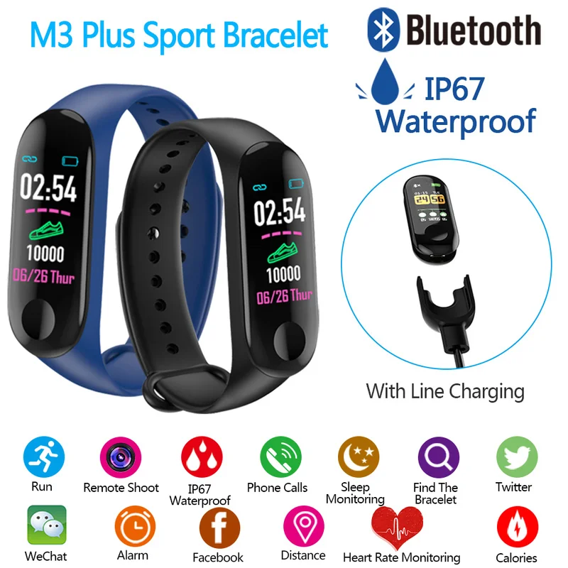 Смарт-браслет M3 Plus, спортивные фитнес-часы, цветной экран, водонепроницаемый монитор артериального давления, мониторинг сердечного ритма, умный Браслет