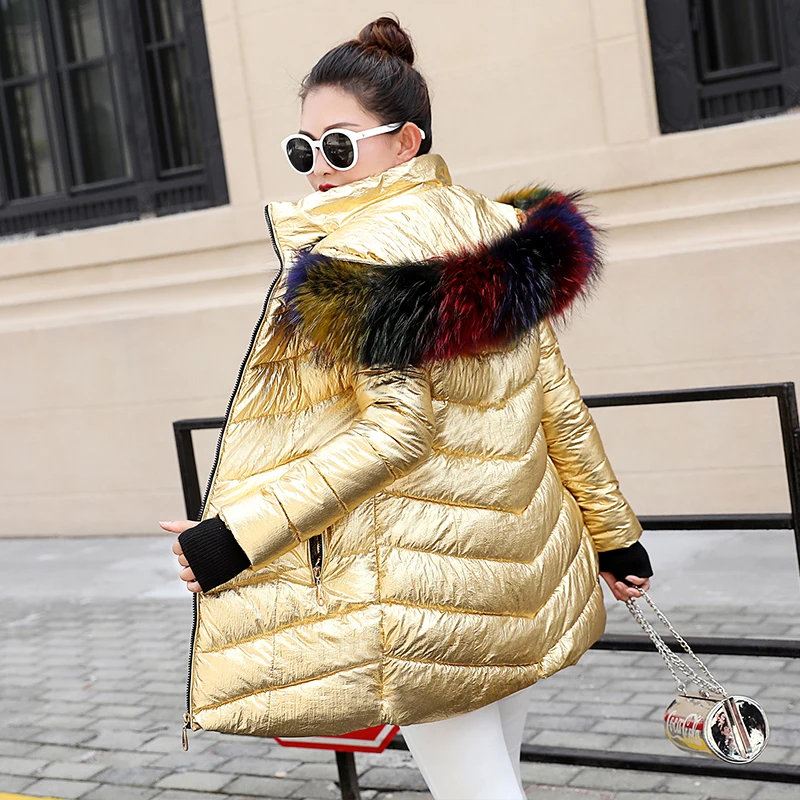 Sequins winter jacket women false raccoon fur collar