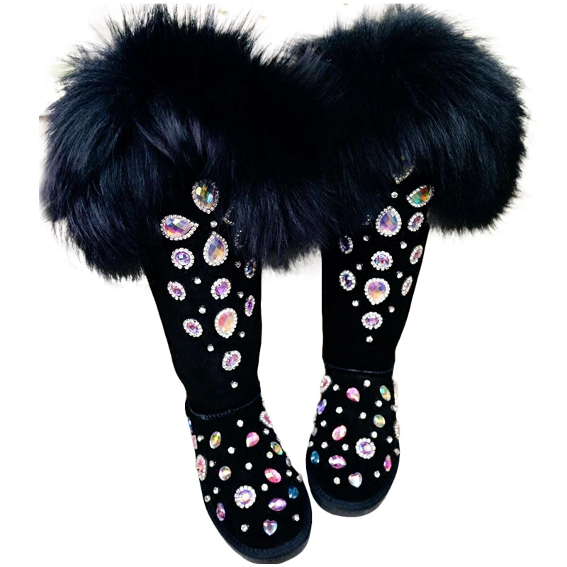 

Ultra high black Crystal Rhineston Snow Boots Woman Winter Luxury women's bling bling Snow Boots Winter Shoes handmade Fox hair