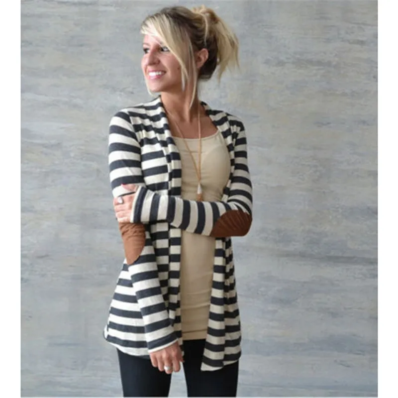 

2017 Women casual Spring autumn striped Cardigan Knitted Open Stitch Long Sleeve Sweater Outwear Tops Coat