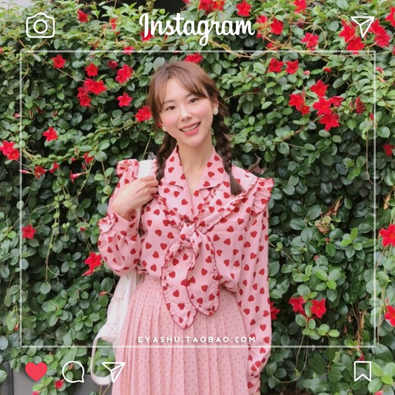 

Autumn Women Shirt Heart Printing Button Ruffles Vintage Chic Strap Bow Sweet Shirt Kawaii Cute Chemise Mujer Blusa Femme Camisa