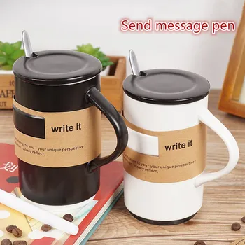 

Creative leave messages ceramic mug student couple with lid spoon coffee milk individuality office mugs send pen cup brush