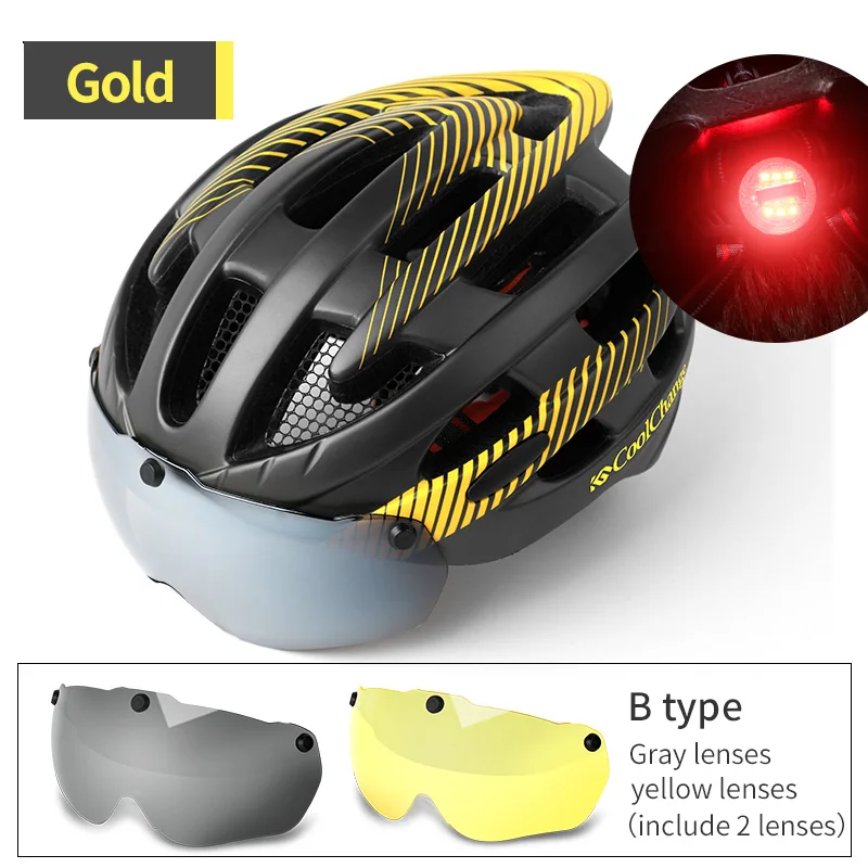 CoolChange велосипедный шлем с светильник ветрозащитные очки велосипедный шлем MTB сетка от насекомых цельный литой мужской женский велосипедный шлем - Цвет: Gold 2 lenses