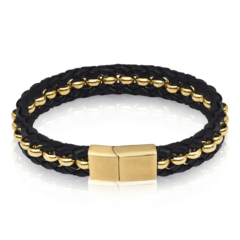 

Ourania Punk Black Braid Leather Bracelet Black/Gold Beads Stainless Steel Bracelet Bangle for Men Jewelry Fashion Wristband