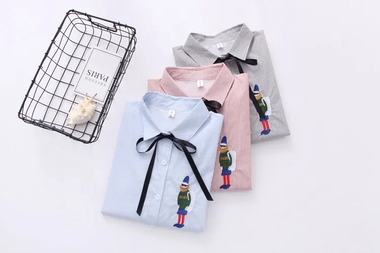 2019 Autumn Striped Tops Ladies Cute Soldier Embroidery Shirts Blouses Women Casual Bow Long Sleeve Blusas Mujer Chemise Femme (2)