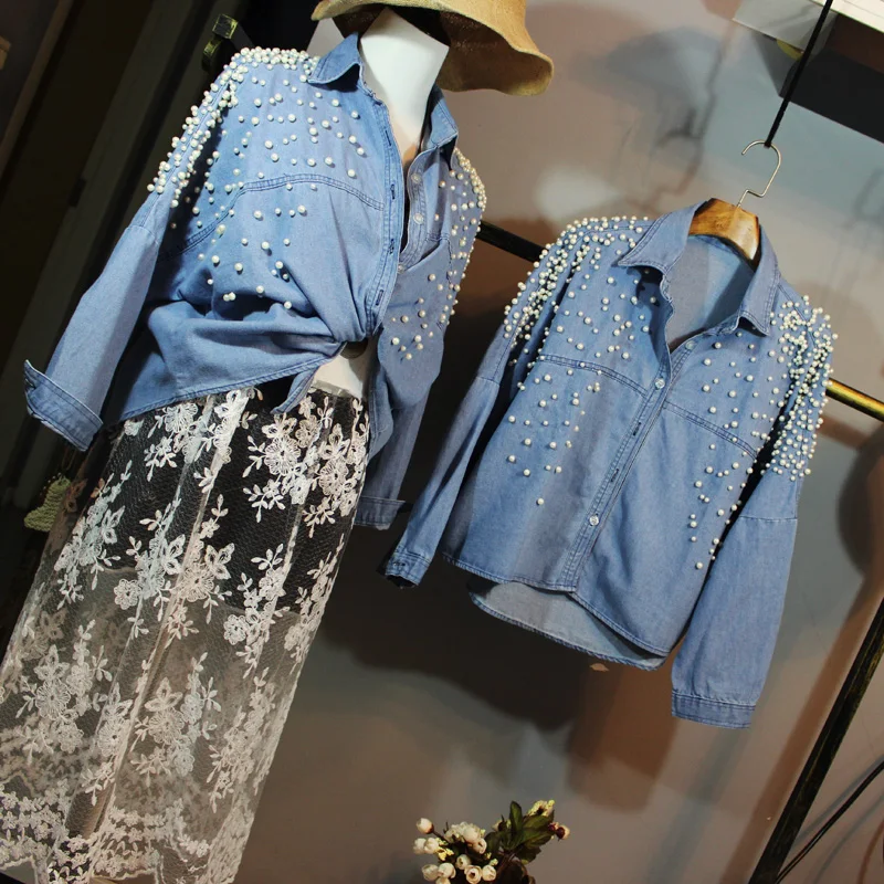 

Denim Shirts Women Spring 2018 New Fashion Loose Long-sleeved Stereo Decoration Pearl Nailed Jeans Blouse Blusas Students Tops