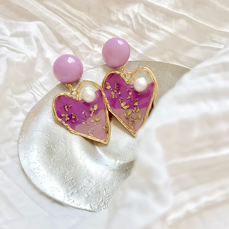 

S925 Pin Anti-allergy Button Irregular Heart Suquins Pearl Drop Earrings For Lady Women's Romantic Purple Heart Korean Earring