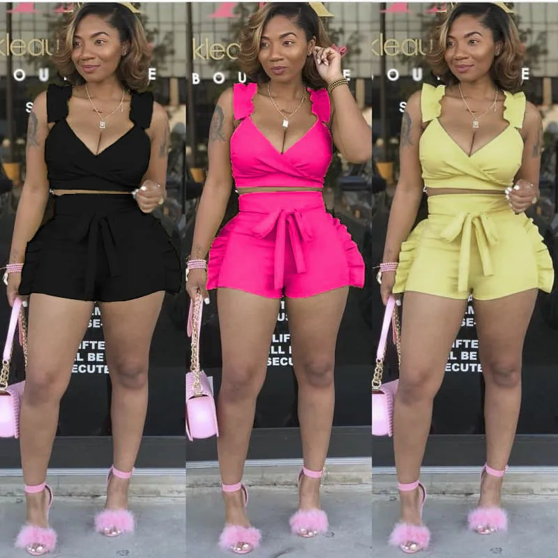 

2019 women summer ruffles side splicing spaghetti strap v-neck crop top & shorts suit two piece set beach tracksuit outfit L5052