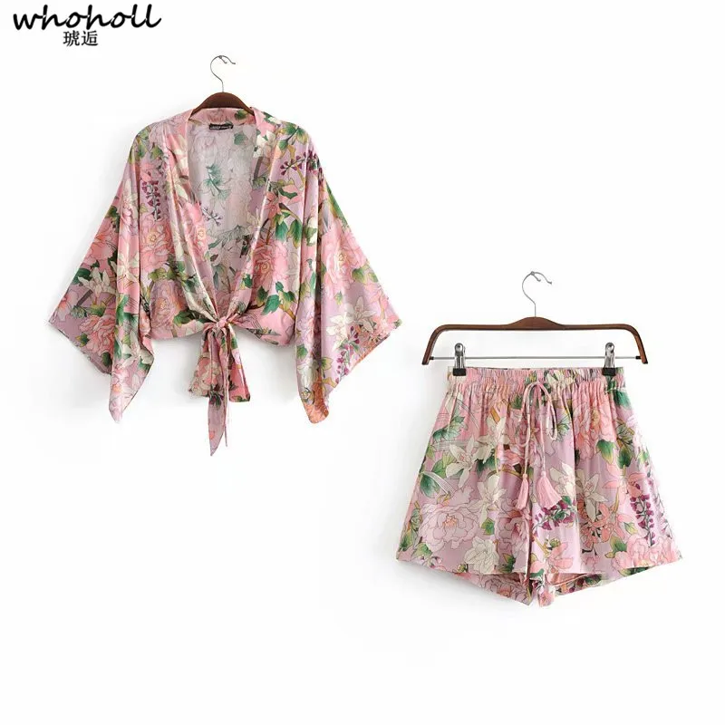 

WHOHOLL Women Set Summer Beach Crop Top+shorts Harajuku Kimono Cardigan Floral Print Vintage Flowers Short Shirt Women Blouse