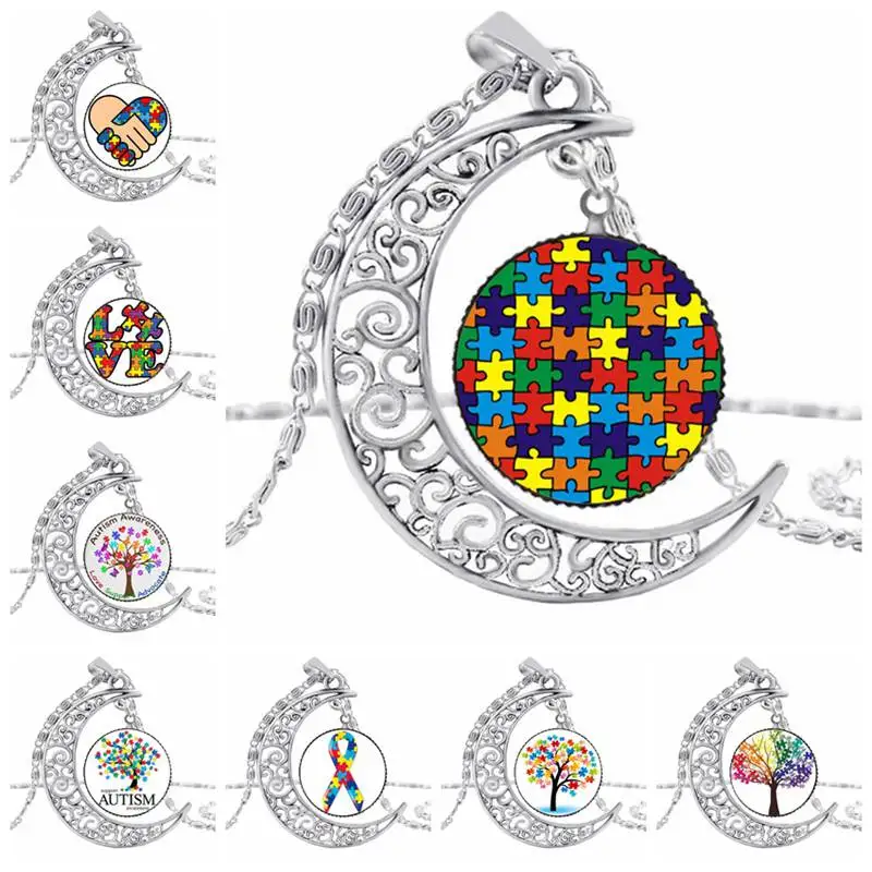 Suteyi, Аутистическое красочное ожерелье с изображением дерева, серебряной Луны, забота о аутизме, ожерелье для любви, Детские ювелирные аксессуары