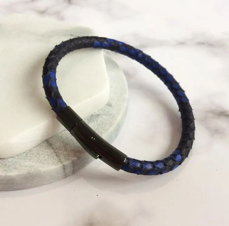 Роскошный мужской синий кожаный браслет питона с Серебристые Магнитные Элементы часы питона брендовые подлинные браслеты с кожаными ремешками для женщин - Окраска металла: Dark blue black