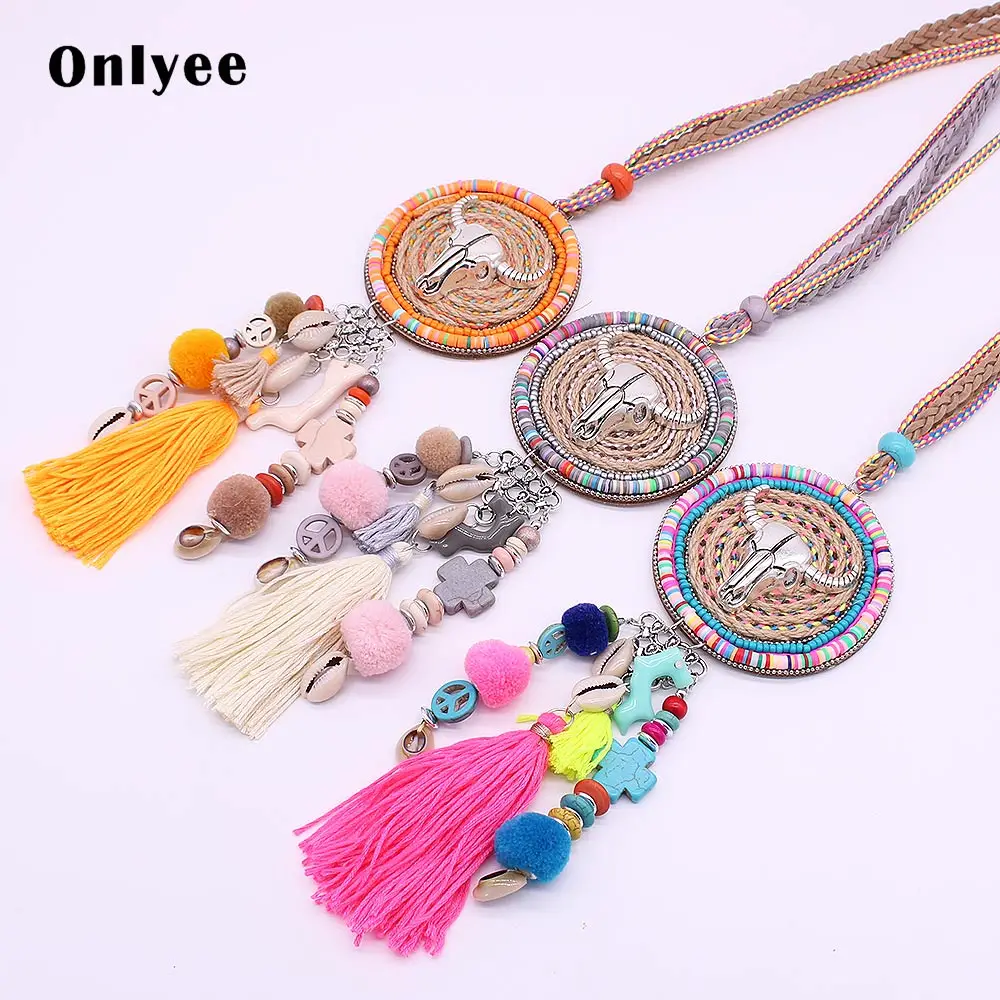 

Onlyee Handmade Necklace Bohemian Style Ngau Tau Fringe Natural Shell Pendant Long Necklace Ms. Fashion Accessories Jewelry