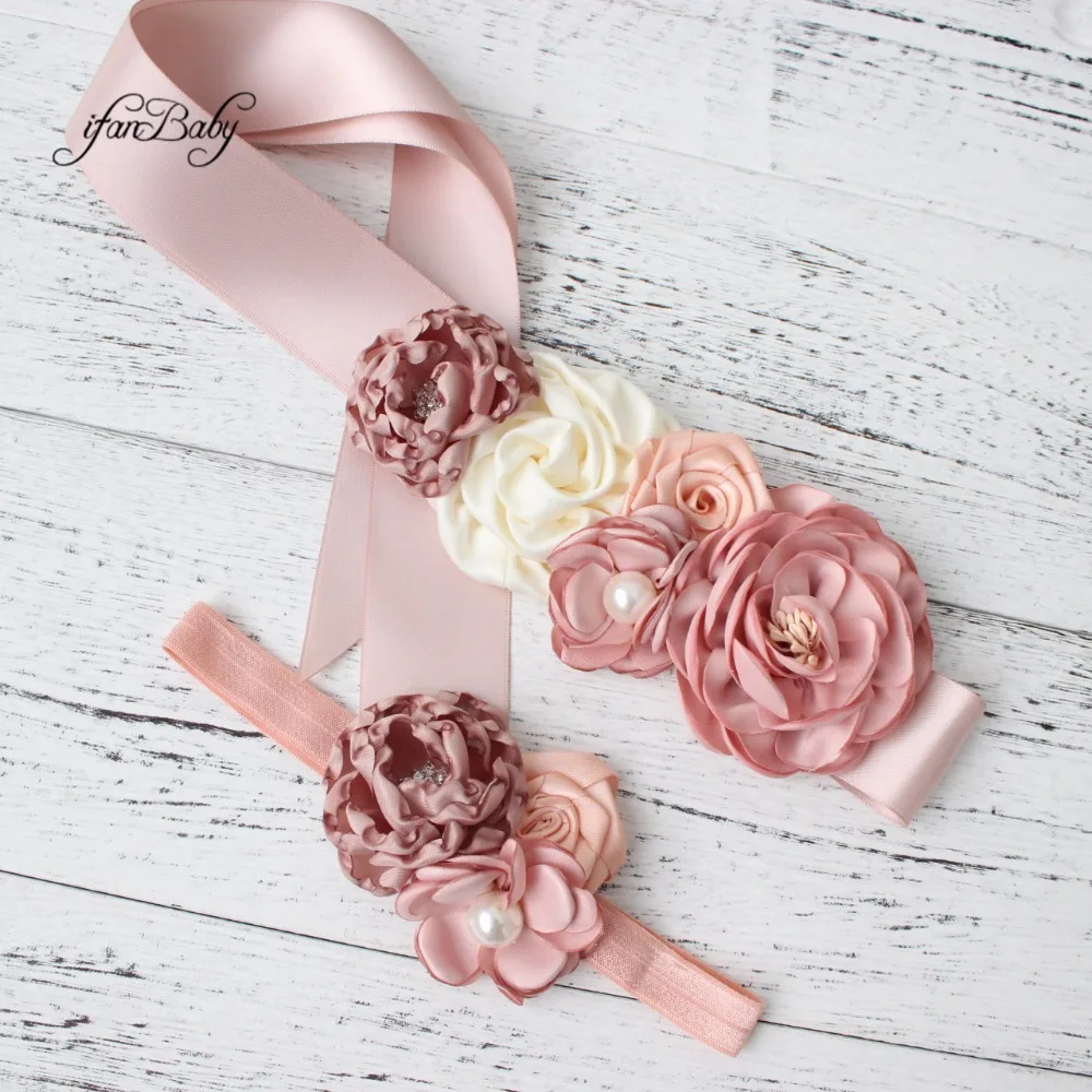 Fashion Burn flower Belt Girl Woman Sash Belt Wedding Sashes belt with flower headband 1 SET ladies designer belts