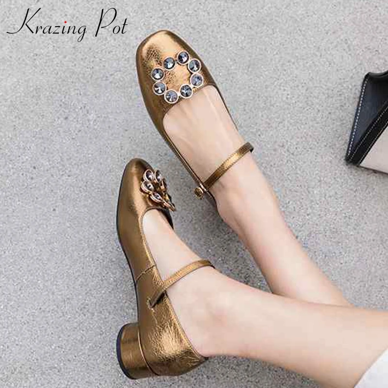 

Krazing pot new genuine leather square toe round med heel graceful streetwear crystal buckle gold silver color dowager pumps L52