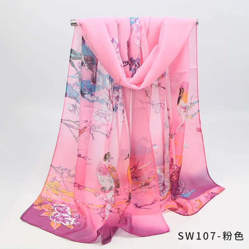 Весна Осень Цветок Птица печати шифон шелковый шарф бренд дизайн женские пляжные шали Красивая Бандана головная Косынка длинный платок - Цвет: SW107 pink