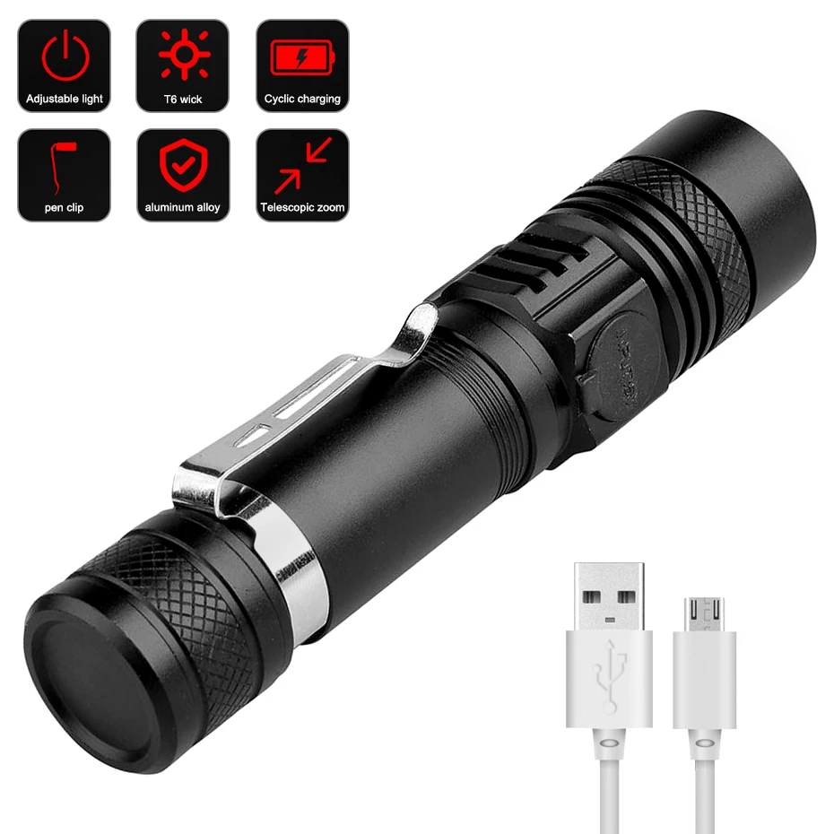 

USB Rechargeable LED Flashlight T6 Waterproof Zoomable Tactical Mini Flash Light 18650 High Lumens LED Torches Portable Light