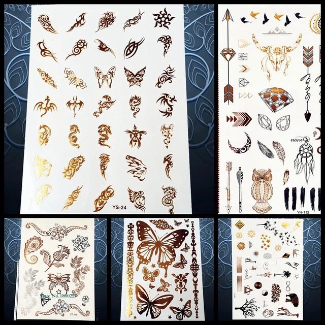Gold Flash Metallic Temporary Tattoo Finger Design Small Butterfly Diamond Dragon Waterproof Tattoo Stickers For WOmen Body Art Gold Flash Metallic Temporary Tattoo Finger Design Small Butterfly Diamond Dragon Waterproof Tattoo Stickers For WOmen Body Art