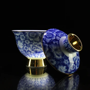 

Handmade Chinese Traditional Jingdezhen Blue and White Gold Plated Ceramic Porcelain Gaiwan Kung Fu Tea Set Teacup Wedding Bowl
