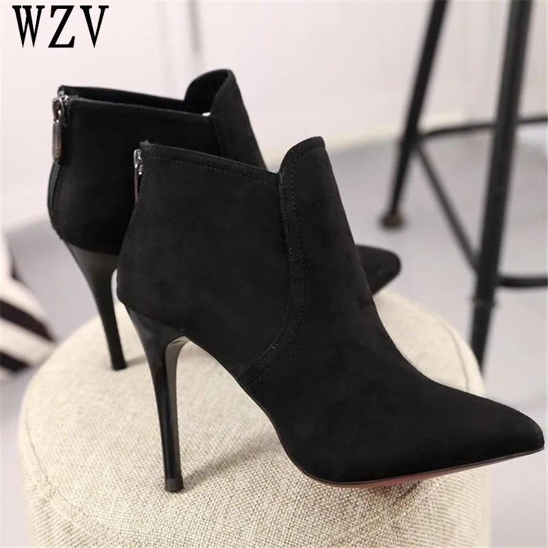 

2018 Spring Autumn Stiletto Thin High Heels boots Pointed Toe Suede Leather Zipper Style Sexy Ankle Womens Boots E233