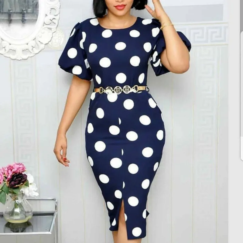 

Women Dress Big Polka Dot Printing Slim Bodycon Package Hip Retro Summer Modest Ladies Office Work Wear Female Robes Tunics New