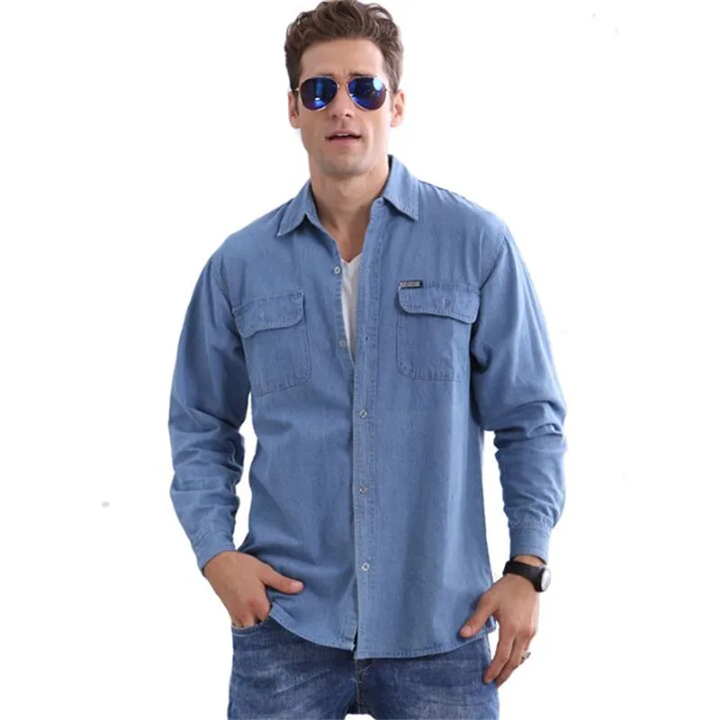 Мужские джинсовые рубашки размера плюс с длинным рукавом 4Xl, свободные однобортные мужские летние тонкие дышащие рубашки, синяя Повседневная рубашка для мужчин A3604