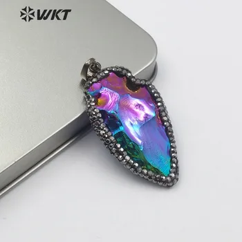 

WT-NP375 Natural Agatess Pendant With Titanium Electroplated Handmade Rhinestone Pave Arrowhead Pendant 1.5 Inch Long Pendant