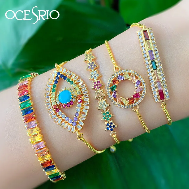 

Turkish Evil Eye Bracelet For Women Gold Eye CZ Bar Rainbow Adjustable Bracelet Girls Party Jewelry pulseras mujer moda brt-b56